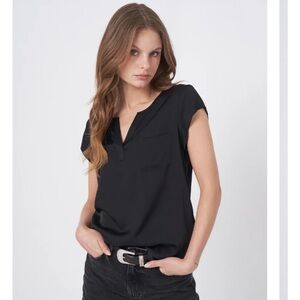 Repeat Brand Silk Blouse Black Cap short sleeves Large NWT